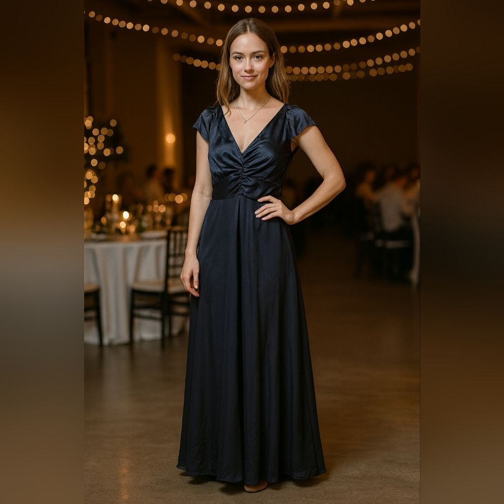 NWT Alexa B Nites 16W Sleeveless Ruched Neck Blue Gown Velvet Chiffon Wedding